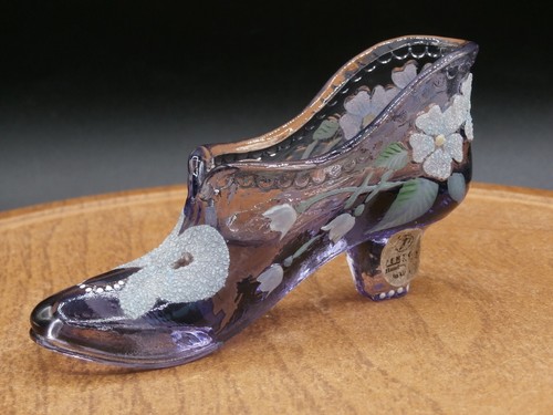 Vintage Fenton Purple Glass Shoe Hand-Painted Florals Signed T. Owens VERY NICE! - Picture 3 of 16