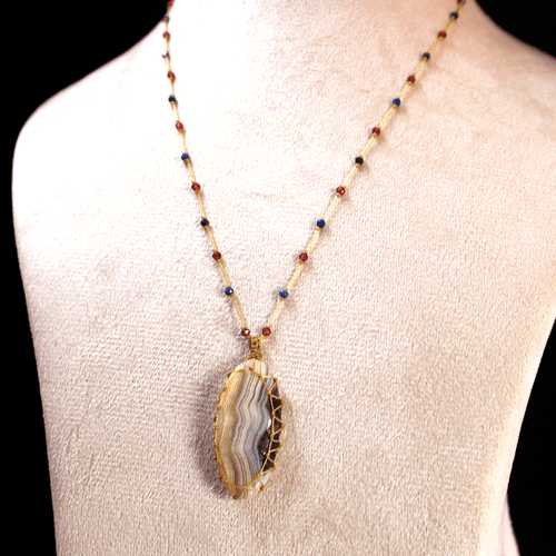 Handmade Mexican Natural Crazy Lace Agate Beautiful Macrame Gemstone Necklace - Picture 4 of 9