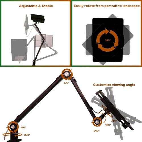 FORTIHOLD Aluminum Phone, Tablet, & Portable Monitor Stand mount. Adjustable - Picture 2 of 12