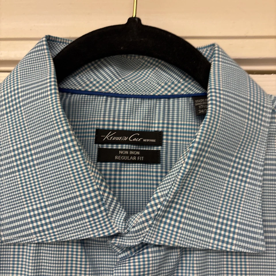 Camisa abotonada a cuadros verde azulado Kenneth Cole para hombre 17,5. 34/35. Camisa de vestir sin planchar Foto 3 de 4