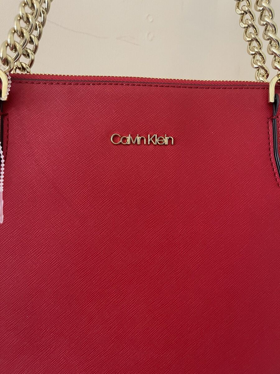 Calvin Klein Hayden Saffiano Leather Large Tote Red Gold Chain Handles