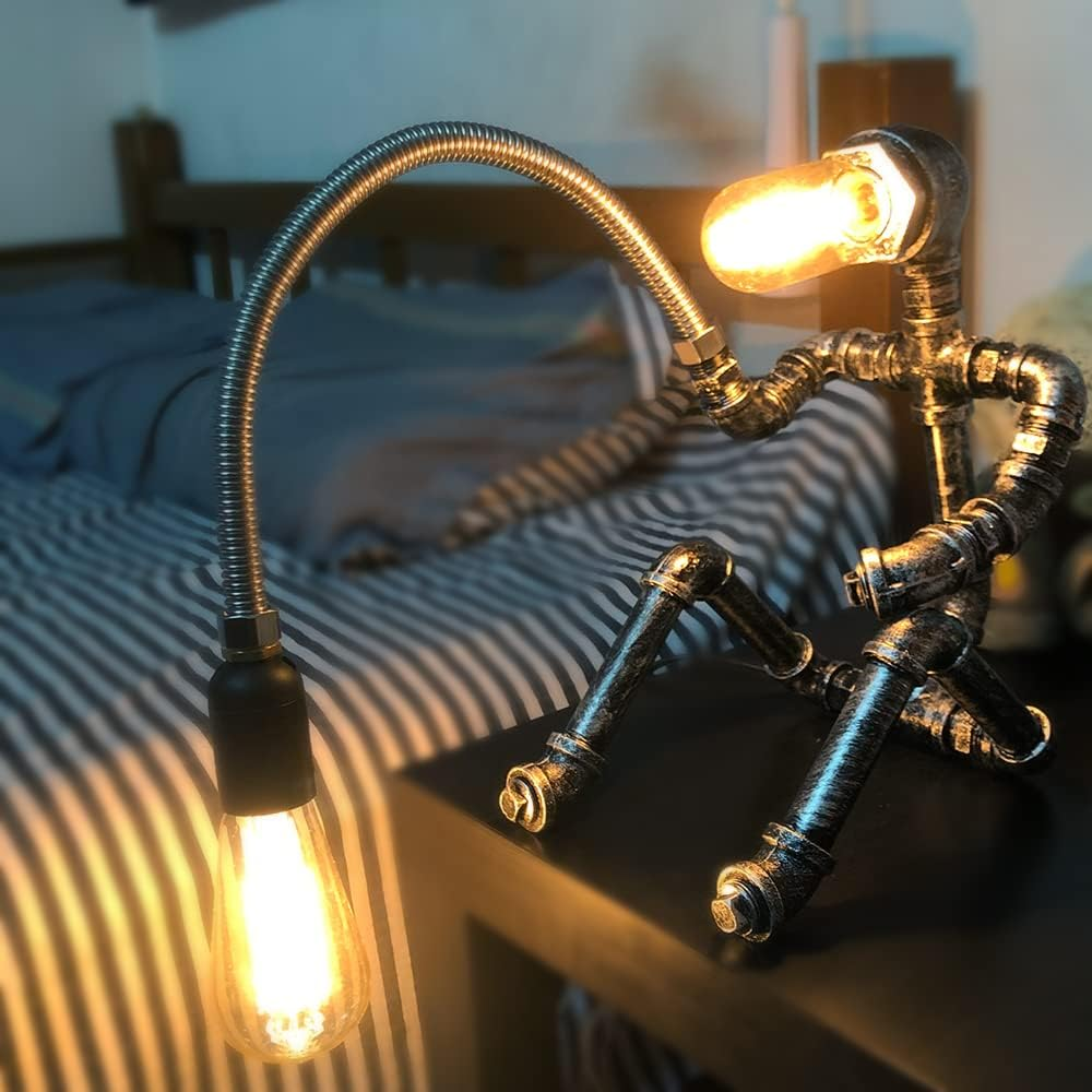 Industrial Water Pipe Light Steampunk Light Personality Simple Robot Desktop Table Lamp Suitable for Study Bedroom Restaurant Bar Decoration, Brass
