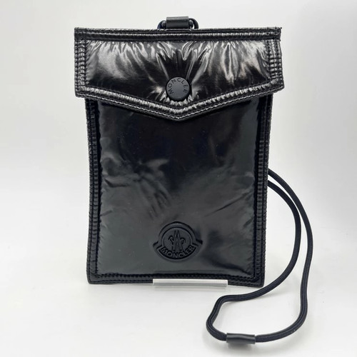 MONCLER POCKET PHONE CASE Neck Pouch Shoulder Bag Nylon Black Leather with Card