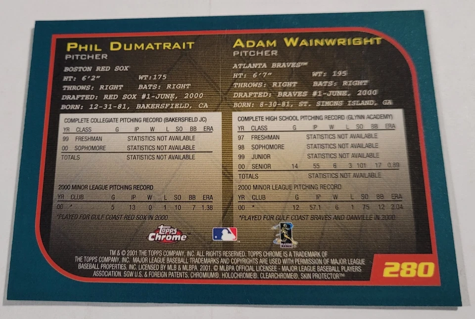2001 Topps Chrome #280 Phil Dumatrait/Adam Wainwright RC Red Sox/Braves - Image 2 of 2