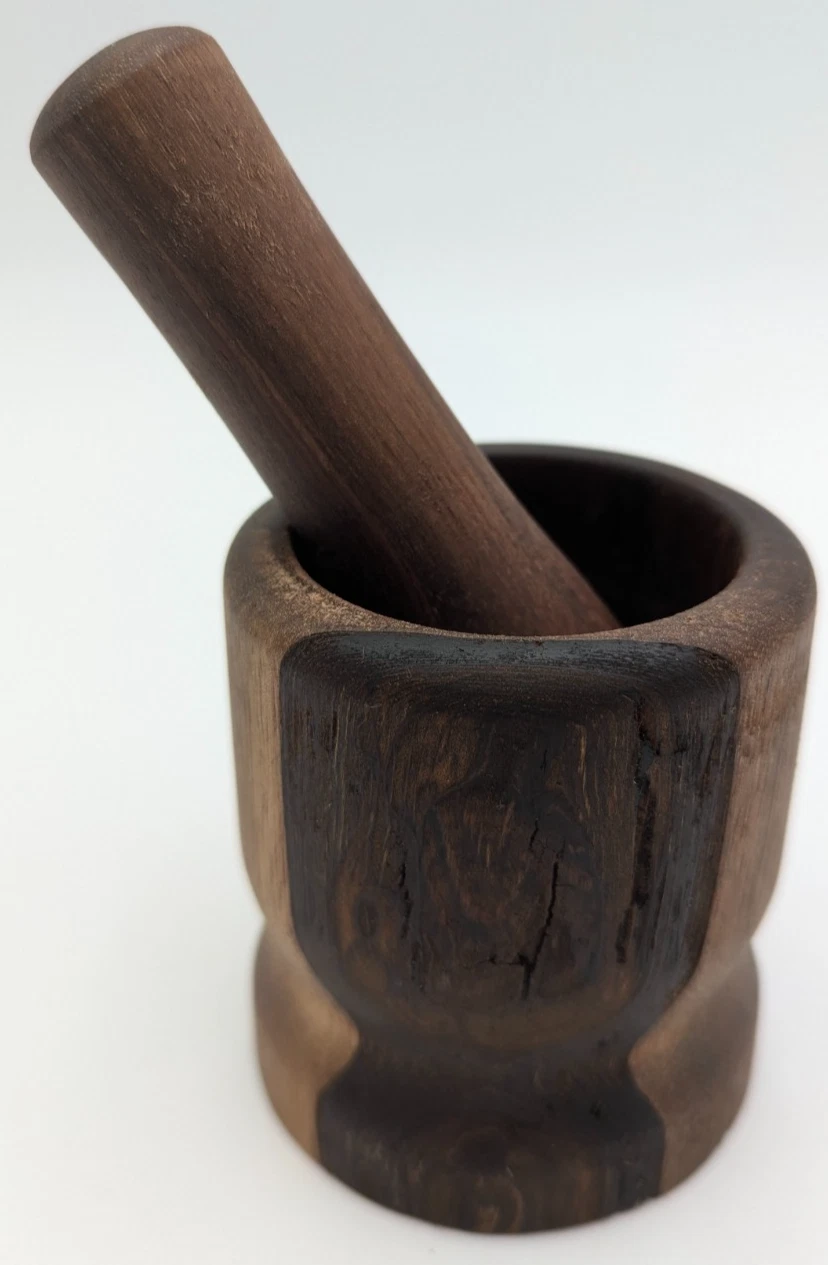 Vintage Dark Wood Two Tone Mortar and Pestle Set 3 3/8" x 3 1/8"