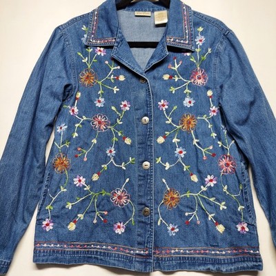 Vintage Bobbie Brooks Blue Denim Embroidered Floral Jacket Button-Up Size Small