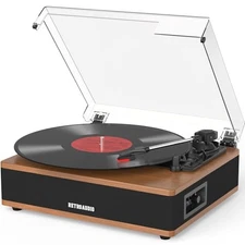 Vinyl Record Player Bluetooth Turntable with Built in Stereo Walnut Wood