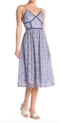 NSR - Summer Floral Lace V-Neck Midi Dress - Blue & White - Size Medium