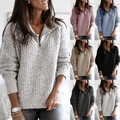 Damen Reißverschluss Pullover Pulli Langarm Strickpullover Freizeit Sweatshirt