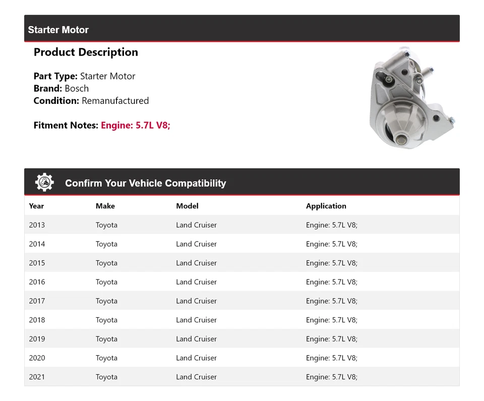 Arranque Bosch V8 5,7 L 2013-2021 para Toyota Land Cruiser 5,7 L (remanufacturado) 2014 Foto 2 de 4