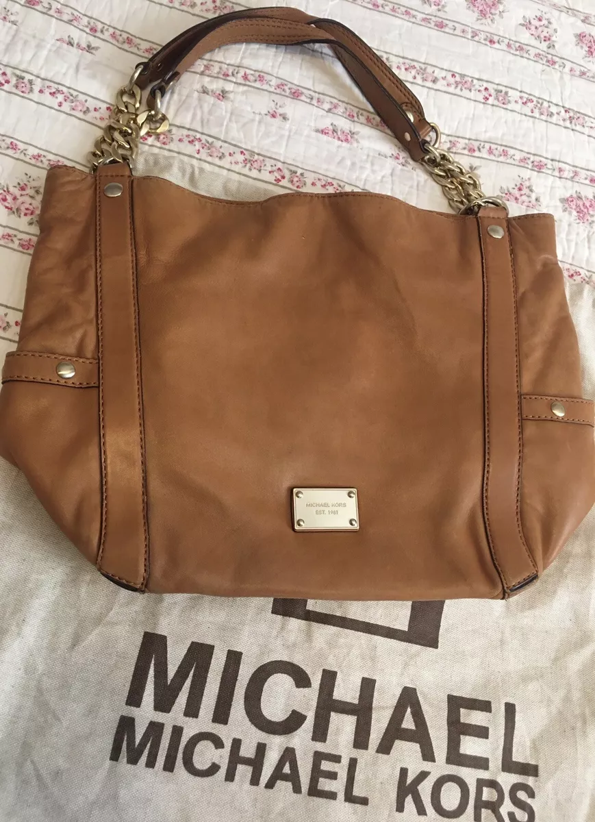 Michael Kors Brown Tan Leather Shoulder Bag with Gold Chain Detail