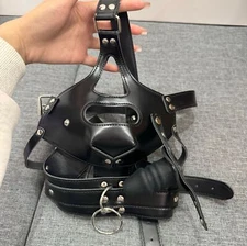 Faux Leather Head Hood with Open Mouth Gag Muzzle Plug BDSM Bondage Detachable