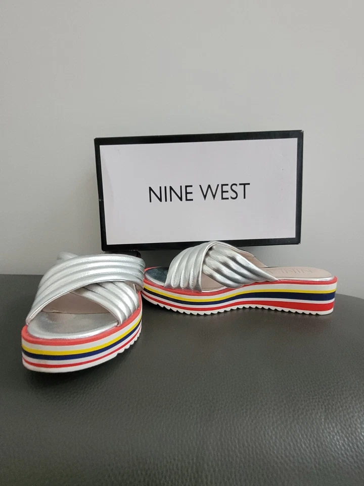 Sandalias Nine West Zonita Slide Zapatos Tacón Plateado Colorido Talla 8 Foto 2 de 4