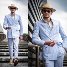 Blau Und Weiß Gestreifter Herrenanzug Leichter Stoff Aus Bubble Garn Sommer Stil