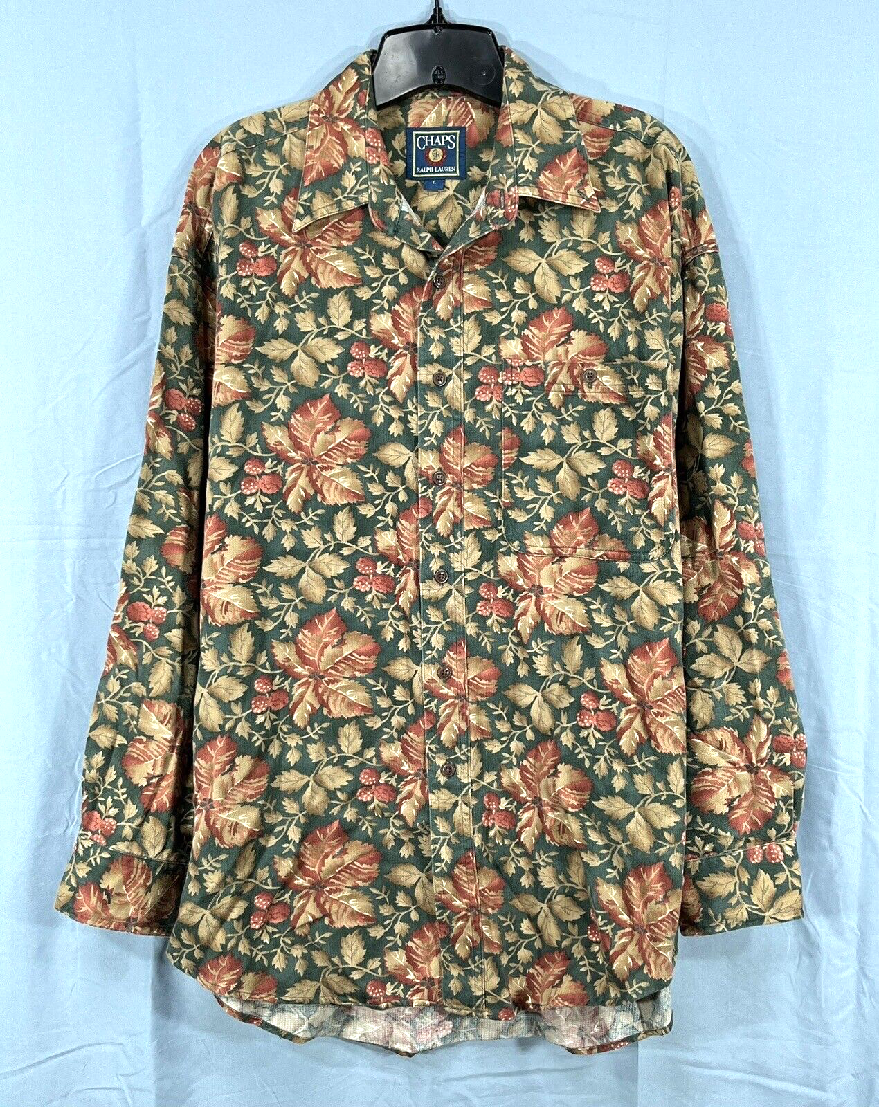 VTG CHAPS RALPH LAUREN Olive/Brown FLORAL PRINT Twill 1-POCKET Button-Up SHIRT L