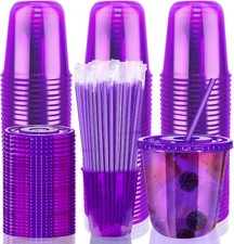 12oz Disposable Stemless Glasses with Flat Lids and Straws,PET Disposable