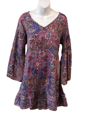 Hecho India Art Silk Boho Hippie Dress Cottagecore Pink Paisley Women's L