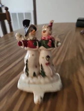 Vintage Cast Iron Base Stocking Hanger Mr And Mrs Snowman