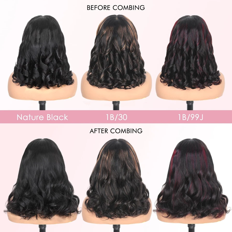 250 Densidade Destaque Borgonha Destaque Peruca Bob Cabelo Humano com Cortina Bang... - Imagem 4 de 4