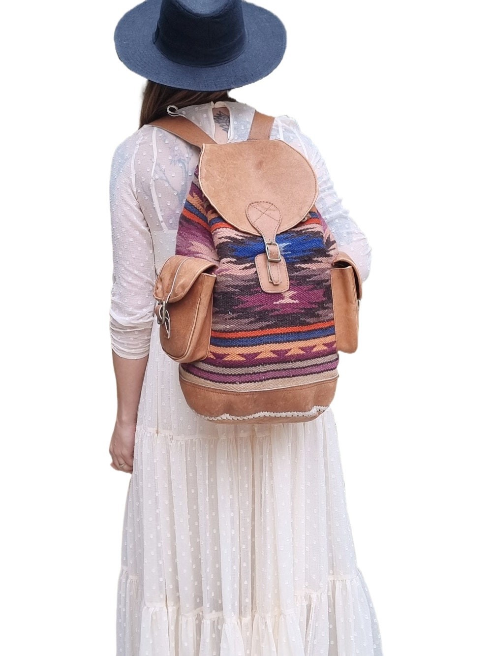 Extra Large Aztec Blanket Leather Backpack, South… - image 4