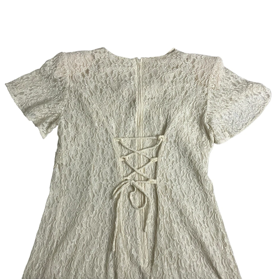 Maxi Vestido Vintage Años 80 Encaje XL Crema Boho Pradera Renacimiento Boda Corsé Espalda Foto 3 de 4
