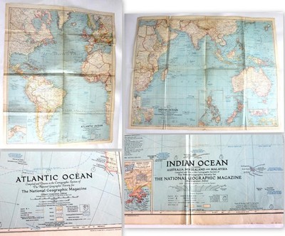 2 Vintage National Geographic Maps ~ Atlantic 1940 & Indian Ocean 1941