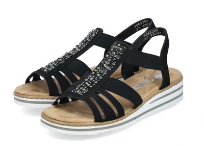Rieker Sandale Schwarz Sandalette Riemchensandale Gummizug Slipper Keilabsatz - Bild 1 von 4