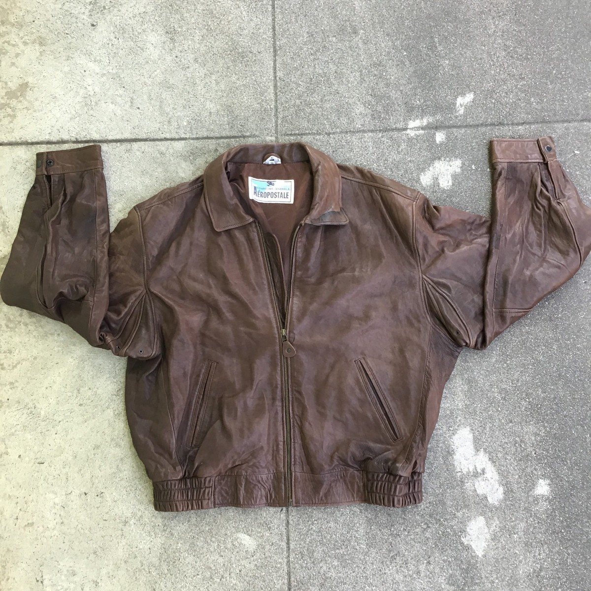 VTG Aeropostale Jacket Men Sz 46 Large Brown Leather Aviator