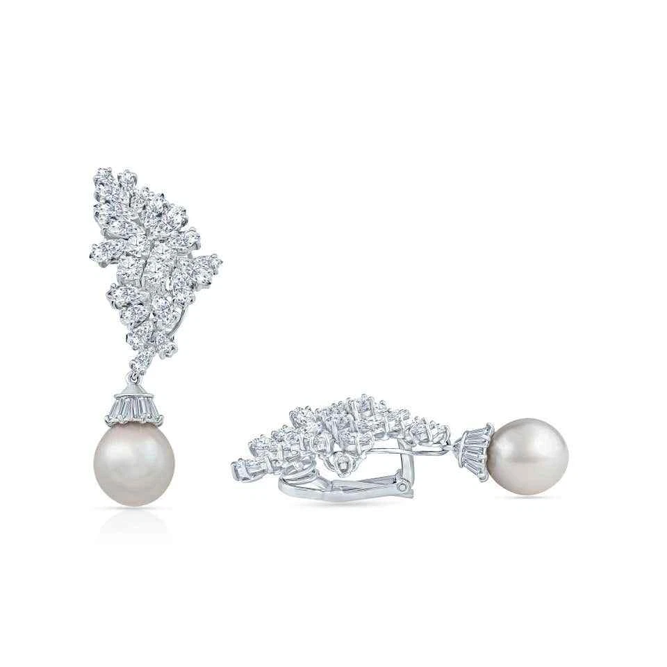 10.05 CT Multi Cut White Cubic Zirconia & White Pearl Awesome Fine Drop Earrings - Image 2 of 4