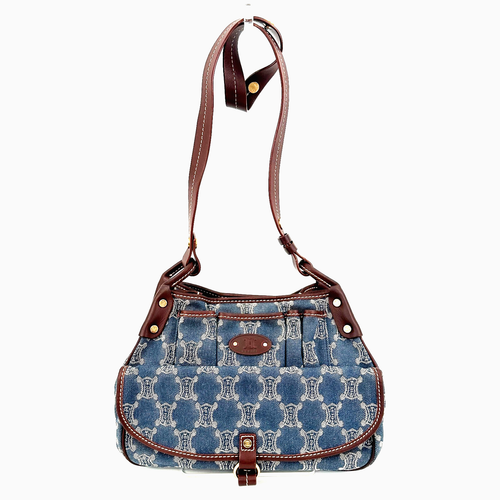 CELINE Macadam Denim Leather Shoulder Bag Hand Bag Auth