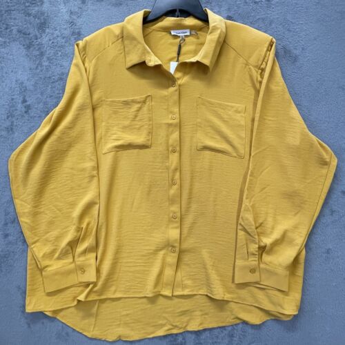 Calvin Klein Blouse Shirt Womens 2X Mustard Yellow Ochre Long Sleeve Button Up