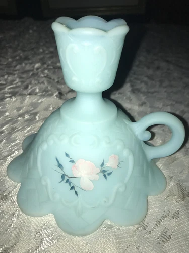 Rare FENTON Glass BURMESE Signed S. KIRBY Pink Rose SATIN Handled CANDLE HOLDER