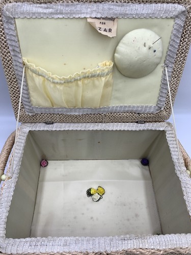 Vintage AZAR Sewing Basket box Beige tapestry Rectangle Hinged Preowned #T - Picture 2 of 8