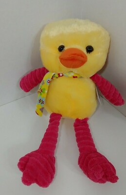 K&K Sales NEW yellow plush duck pink ribbed arms legs floral scarf stuffed toy