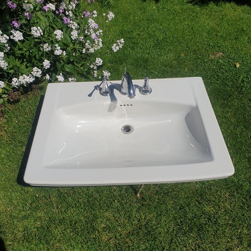 White Vita Large Modern Bathroom Sink 4169 With Chrome Taps - Picture 5 of 24