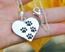 Paw Print Necklace Heart Four Paws Cat Dog Pet Lover Gift Sterling Silver Chain