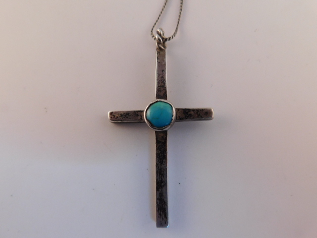 TURQUOISE STERLING SILVER CROSS PENDANT NECKLACE … - image 1