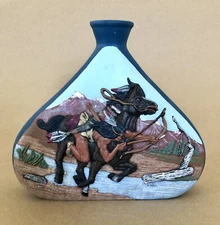 Vintage Native American Indian on Horse, Ceramic 3D, 10" Hand Painted Vase Hunt