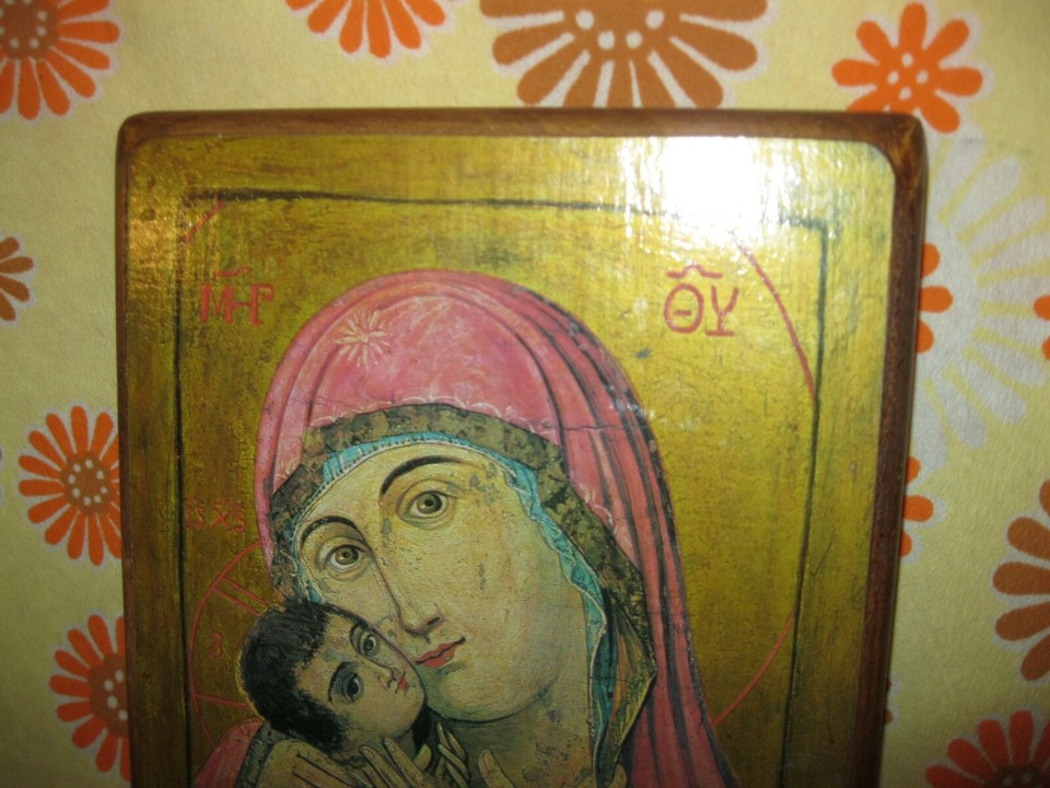 Icône Religieuse Marie à L'enfant Jésus Sur Bois Par Ilian Rachov 2001 - 20x29cm