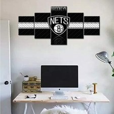 NBA Basketball Team Brooklyn Nets Logo 5 Piece Panel Canvas Wall Art Photo Decor
