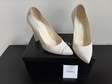 CHANEL Women  s Cracked Leather Cap Pumps Size 37.5 Made In Italy