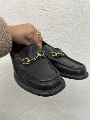 Gucci Loafers Shoes Monogram Canvas Black Leather Horsebit Mens UK 5 US 6 BOX