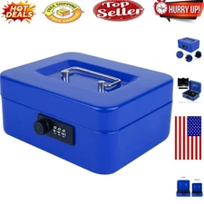 Secure Blue Metal Cash Box with Combination Lock & Removable Tray
