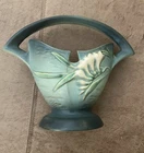 Vintage Roseville Pottery Green/Blue Freesia Basket Shape #390-7" Tropical Green