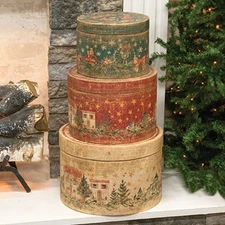 NEW PRIMITIVE CHRISTMAS STACKING BOX SET 3 PC VINTAGE LOOK WOOD AGED 21"T WINTER