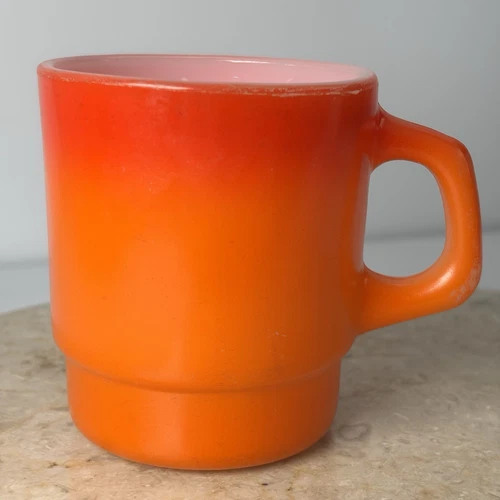 Vintage  Anchor Hocking Fire King Orange Ombre Milk Glass Coffee Mug MCM Retro