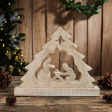 New Christmas MANGER NATIVITY TREE NATURAL WOOD Shelf Sitter 9"x11"