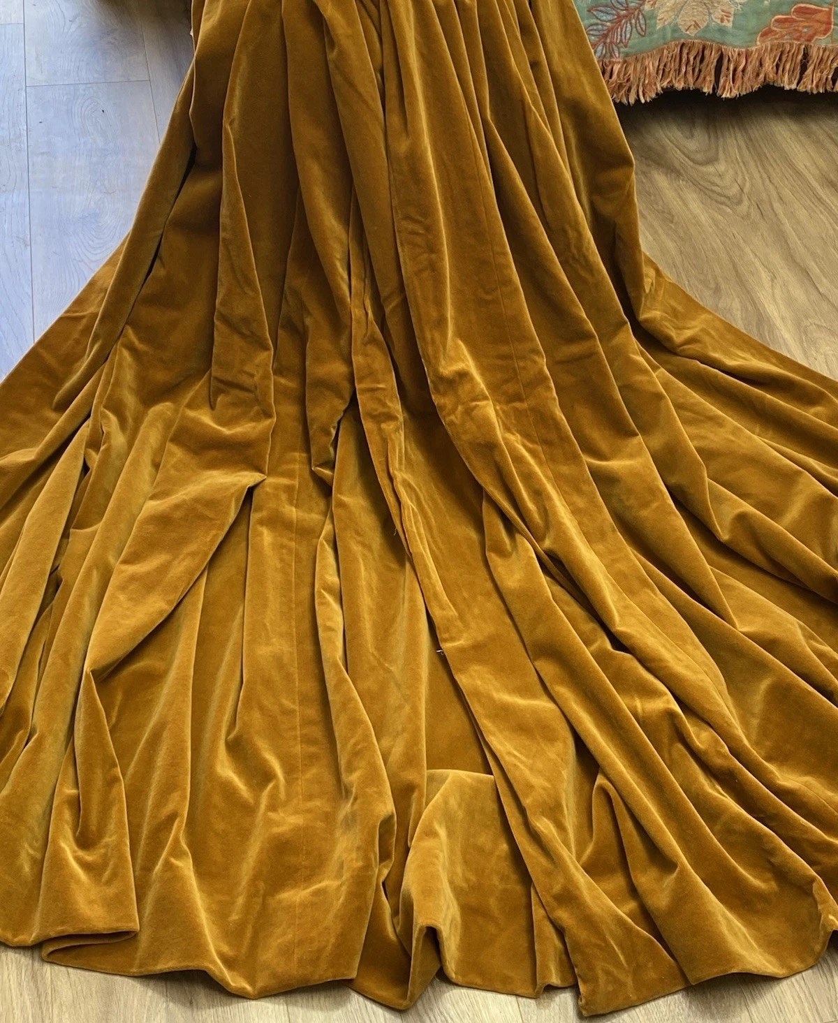 Vtg Gold Mustard Velvet Curtains Cotton Lined Pair Tab Top W 71” L 55-59” VGC
