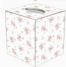 MARYE-KELLEY, "SWEET PEA" CUBED TISSUE BOX COVER, 5", SILVER TRIM, NEW