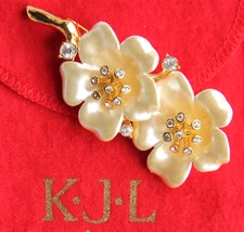 Kenneth Jay Lane Faux Pearl Crystal Rhinestone Double Flower Brooch 3" w KJL Bag